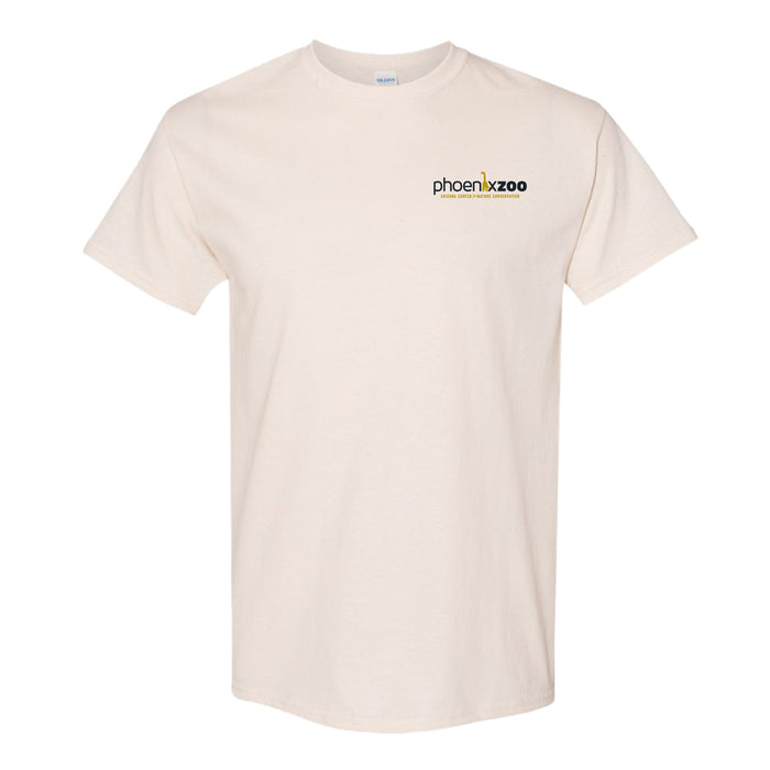 Off-white crewneck t-shirt with the Phoenix Zoo logo printed on the left chest.