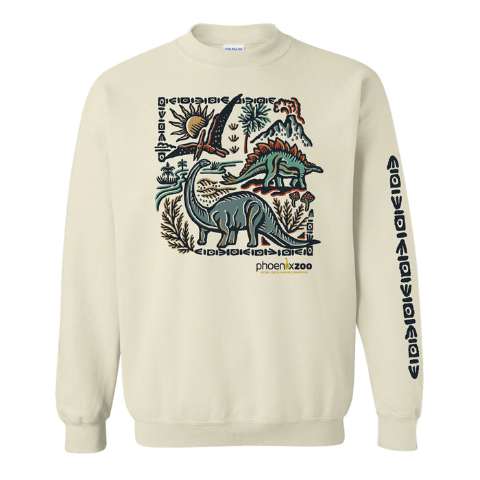 Cream sweatshirt featuring a graphic of dinosaurs, a sun, and foliage with the text phoenixzoo and a column of geometric shapes printed on the sleeve.