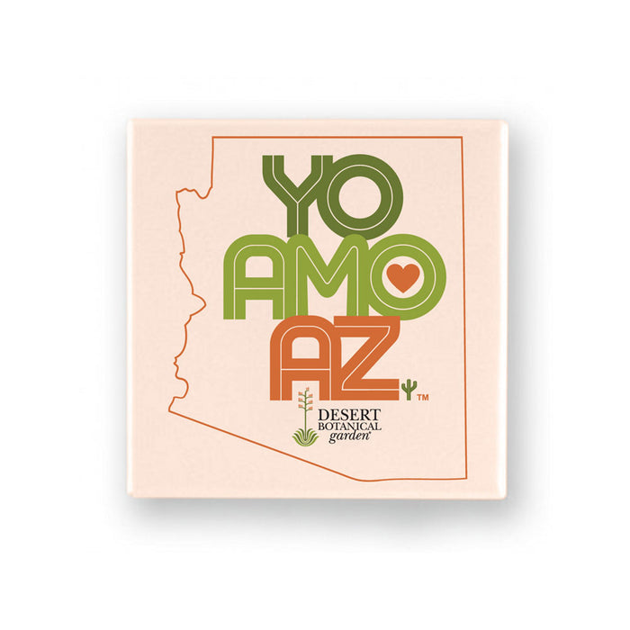 Desert Botanical Garden Yo Amo AZ Magnet featuring the text YO AMO AZ with a heart icon, set against a square outline of the state and the garden logo.