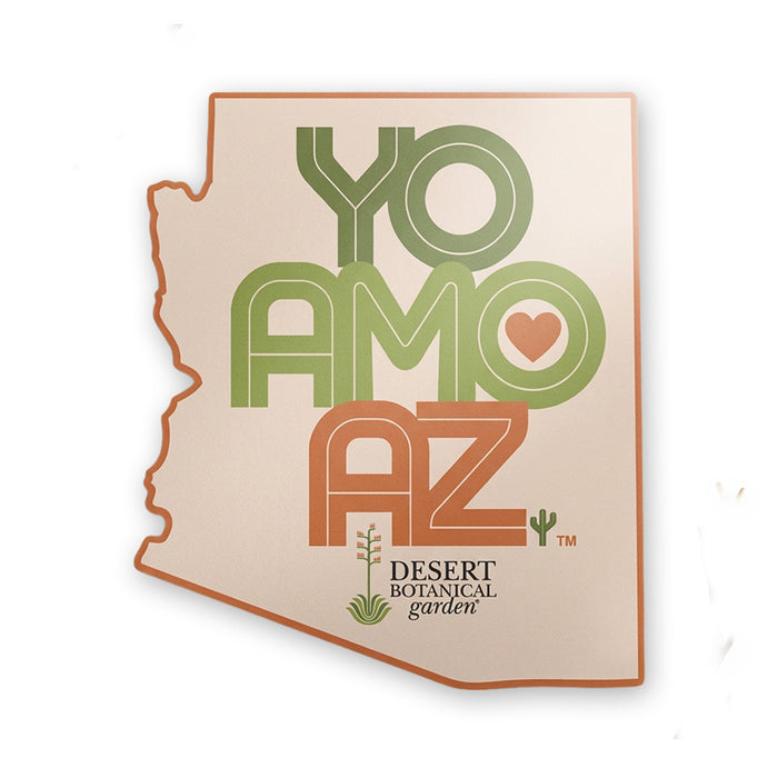 Desert Botanical Garden Yo Amo AZ Sticker, a die-cut sticker shaped like Arizona featuring the text YO AMO AZ with a heart and an agave icon.