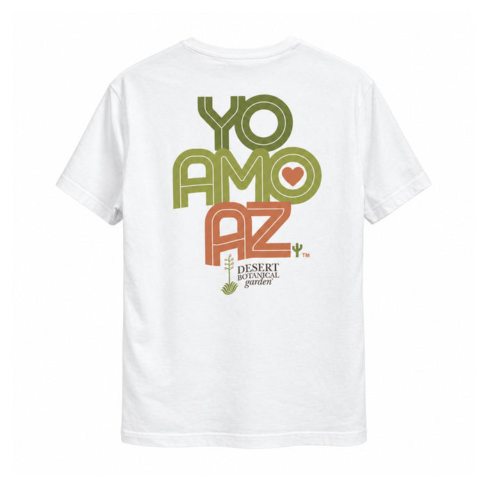 White Desert Botanical Garden Yo Amo AZ T-Shirt with a heart icon inside the O, a small cactus icon, and the Desert Botanical Garden logo printed on the back.