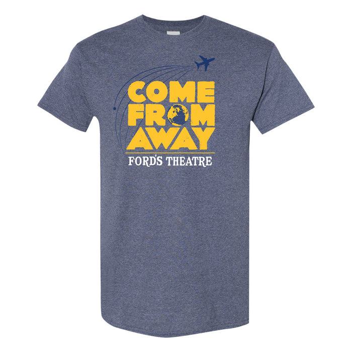 Celebrate the Tony Award-winning musical with the Ford’s Theatre Come From Away T-Shirt, featuring a blue design with bold yellow “COME FROM AWAY” text above white “FORD’S THEATRE” lettering, accented by a small airplane and partial globe graphic.