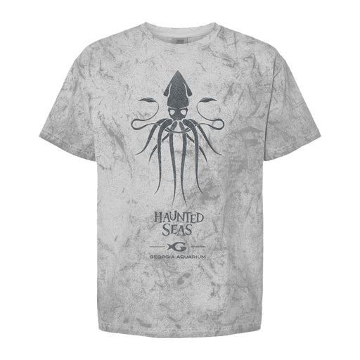 Introducing the Georgia Aquarium Haunted Seas T-Shirt—this gray tee features a striking black squid graphic, “HAUNTED SEAS” text, and the Georgia Aquarium logo beneath. Its marbled, cloudy design adds a mysterious flair, making it ideal for Halloween or your next aquarium visit.