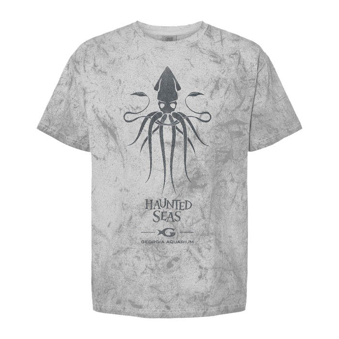 Introducing the Georgia Aquarium Haunted Seas T-Shirt—this gray tee features a striking black squid graphic, “HAUNTED SEAS” text, and the Georgia Aquarium logo beneath. Its marbled, cloudy design adds a mysterious flair, making it ideal for Halloween or your next aquarium visit.