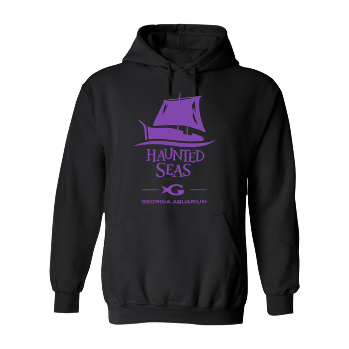 The Georgia Aquarium Haunted Seas Hooded Sweatshirt is a black hoodie featuring a purple sailboat graphic above the “Haunted Seas” and “Georgia Aquarium” text, plus a fish icon underneath—making it a cozy Halloween sweatshirt ideal for aquatic adventure fans.