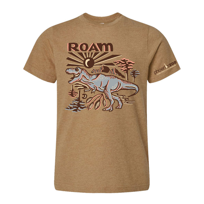 Tan t-shirt featuring a graphic of a dinosaur with the word ROAM above it and the Phoenix Zoo logo on the sleeve.