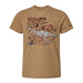 Tan t-shirt featuring a graphic of a dinosaur with the word ROAM above it and the Phoenix Zoo logo on the sleeve.