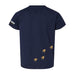 Back view of a navy blue t-shirt featuring the Bronx Zoo Conservation logo on the sleeve and four gold animal paw prints near the hem.