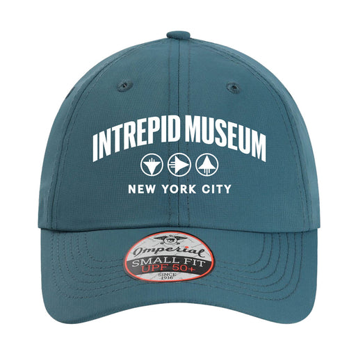 A teal Intrepid Museum Embroidered Youth Cap featuring New York City and sea, air, and space exploration icons on the front, with an Imperial Small Fit UPF 50+ sticker on the bill.