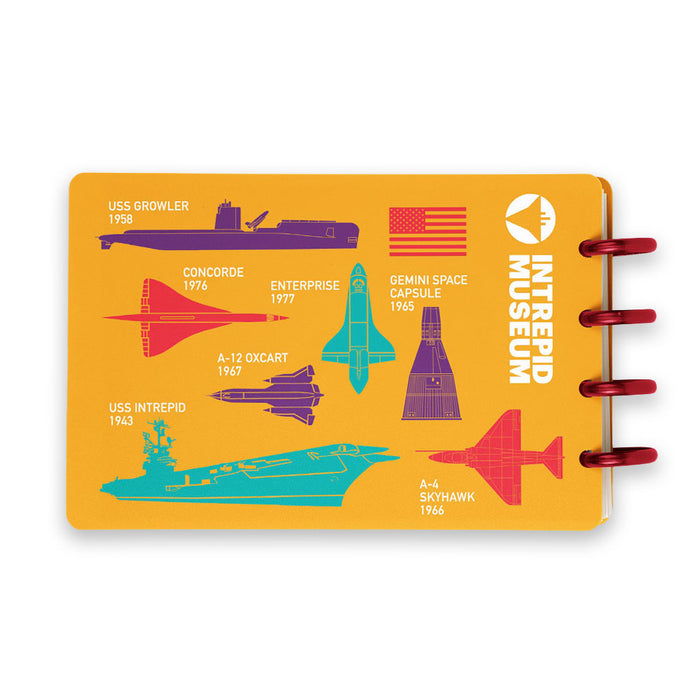 The Intrepid Museum Icons Notepad features a yellow cover with red rings and vibrant silhouettes of historic vehicles—including submarines, planes, a space shuttle, and a flag. The design displays the Intrepid Museum name alongside each vehicle’s name and year. This unique notepad is an ideal history gift for enthusiasts of the legendary aircraft carrier and its inspiring legacy.