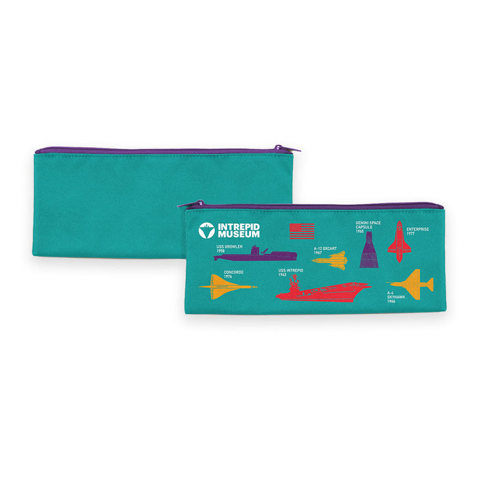 The Intrepid Museum Icons Pouch is a teal pencil pouch decorated with colorful illustrations of ships, aircraft, and the Intrepid Museum logo alongside their names, capturing the spirit of the Sea, Air & Space Museum. Its playful design and coordinating purple zipper make it a stylish and practical choice.