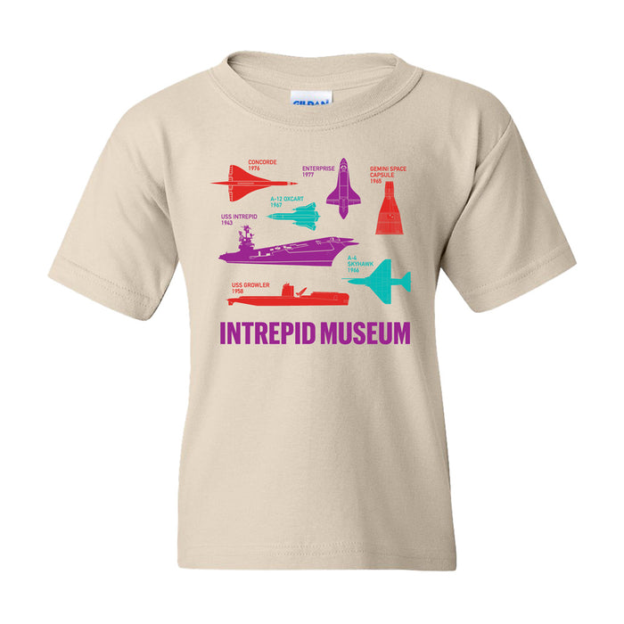 Introducing the Intrepid Museum Aircraft & Carriers Youth T-Shirt! This beige t-shirt features vibrant illustrations of historic vehicles—including an aircraft, a spaceship, and a submarine—displayed above the text INTREPID MUSEUM. Each vehicle is labeled, such as Concorde, Enterprise, and USS Intrepid, making it the perfect choice for young aviation and maritime enthusiasts. Celebrate legendary vehicles and the spirit of innovation with this unique tee from the Intrepid Museum collection.
