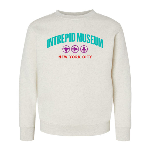 The Intrepid Museum Icons Crew Youth Sweatshirt is a white crew featuring “Intrepid Museum” in teal, three purple icons, and “New York City” in red text on the front—ideal for fans of aerospace history clothing.