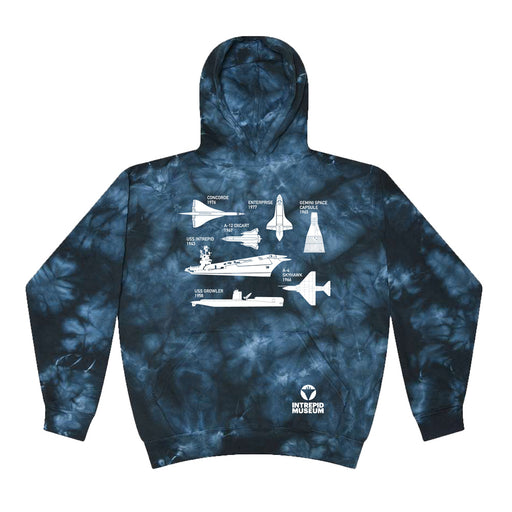 The Intrepid Museum Aircrafts & Carriers Hooded Youth Sweatshirt is made from soft ring spun cotton in a blue tie-dye finish, featuring white illustrations and names of historic aircraft and spacecraft—such as the Space Shuttle, Concorde, and the aircraft carrier USS Intrepid—on the front. Designed in a classic youth fit for both comfort and style.