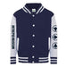 The Intrepid Museum Icons Youth Bomber Jacket features a navy and gray design with “INTREPID MUSEUM” in blue on the left sleeve and three circular aviation history icons on the right sleeve. Classic white stripes accent the collar, cuffs, and hem for an iconic Intrepid Museum bomber jacket style.