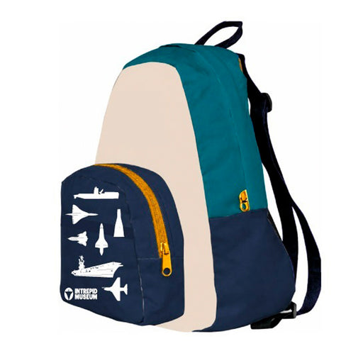 The Intrepid Museum Colorblock Youth Backpack is available in teal, beige, and navy colorblock designs with eye-catching yellow zippers. Ideal as a youth or educational backpack, its front pocket displays the official Intrepid Museum logo along with white outlines of aircraft, a space shuttle, and a ship.