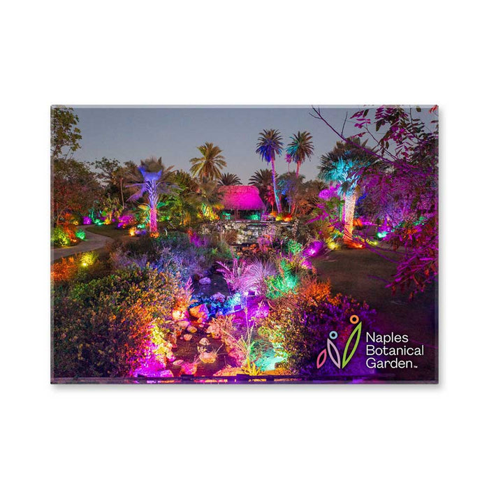 Experience the enchanting ambiance of a lush garden at dusk, where colorful lights illuminate the scene and palm trees stand gracefully in the background, reminiscent of Naples Botanical Garden. The Naples Botanical Garden Bloom Lights Magnet serves as a cherished botanical keepsake, featuring this vibrant landscape with the official garden logo displayed in the lower right corner.