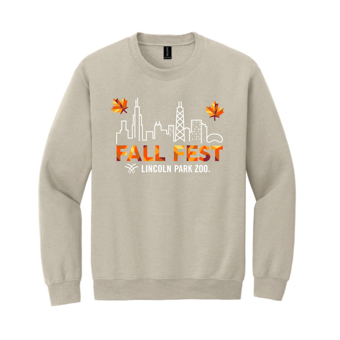 The Lincoln Park Zoo Fall Fest Crew Sweatshirt features vibrant orange “Fall Fest Lincoln Park Zoo” text, a crisp white outline of the Chicago skyline, and two orange fall leaves above the lettering—perfect for celebrating the season at your favorite zoo.