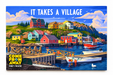 Ford’s Theatre Come from Away It Takes a Village Post Card featuring a colorful coastal village with a dock and fishing boats.