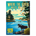 A Ford’s Theatre Come from Away Where the River Meets Post Card featuring a moose on a rocky shore overlooking a lake with a person in a canoe, displaying the text Where the River Meets the Sea and Come from Away.