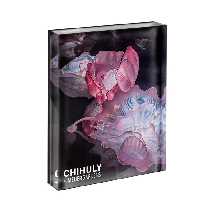 Chihuly at Meijer Gardens Rose Cloud Magnet featuring rectangular clear glass with pink, ruffled sculpture forms against a dark background, with text in the bottom left corner.