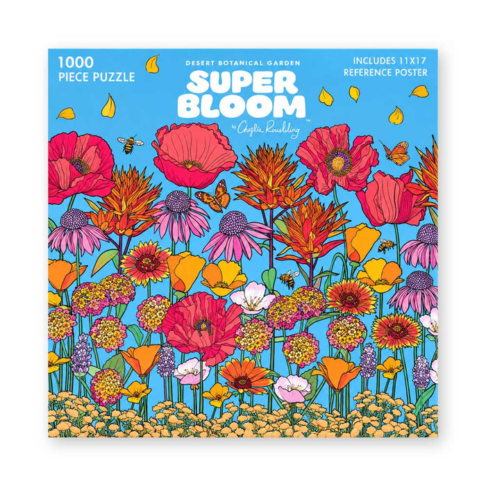 Desert Botanical Garden Superbloom 1000 Piece Puzzle box featuring an illustration of colorful desert flora and butterflies against a bright blue background.