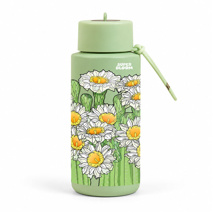 Desert Botanical Garden Superbloom Water Bottle in light green stainless steel featuring a blooming cacti print and the text SUPER BLOOM.