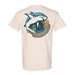 Show your support for marine life conservation with the official Mote Marine Laboratory Sharktober Fest T-Shirt. This beige T-shirt features a graphic of a shark leaping over waves and rocks, with “Sharktoberfest” printed below the image.