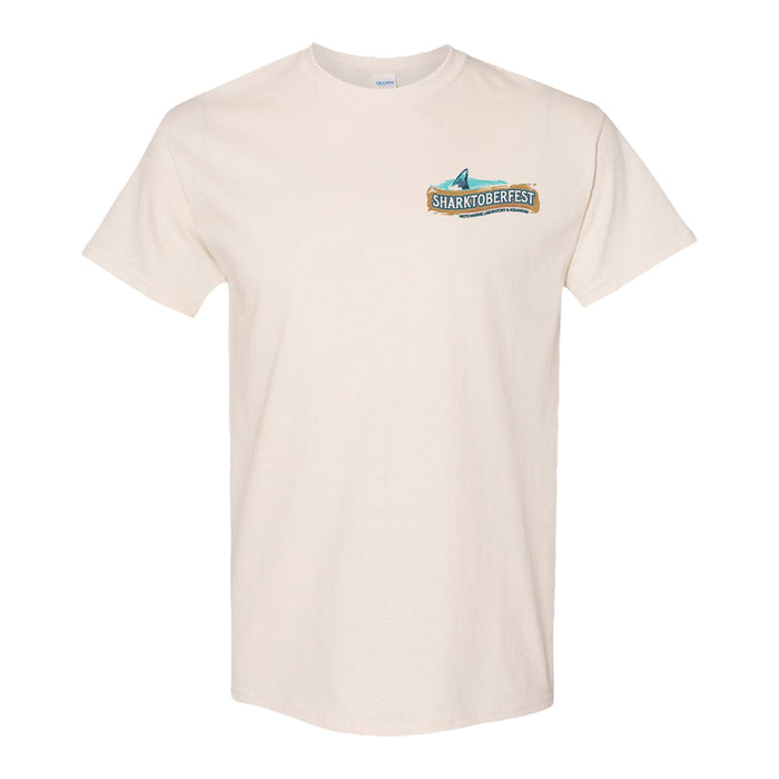 Mote Marine Laboratory Sharktober Fest T-Shirt in beige features the Sharktoberfest logo and a shark graphic on the left chest—ideal for expressing your support for marine life conservation.
