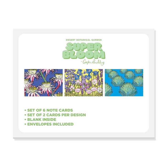 A Desert Botanical Garden Superbloom Notecard Set featuring six blank notecards in three desert floral designs, including envelopes.