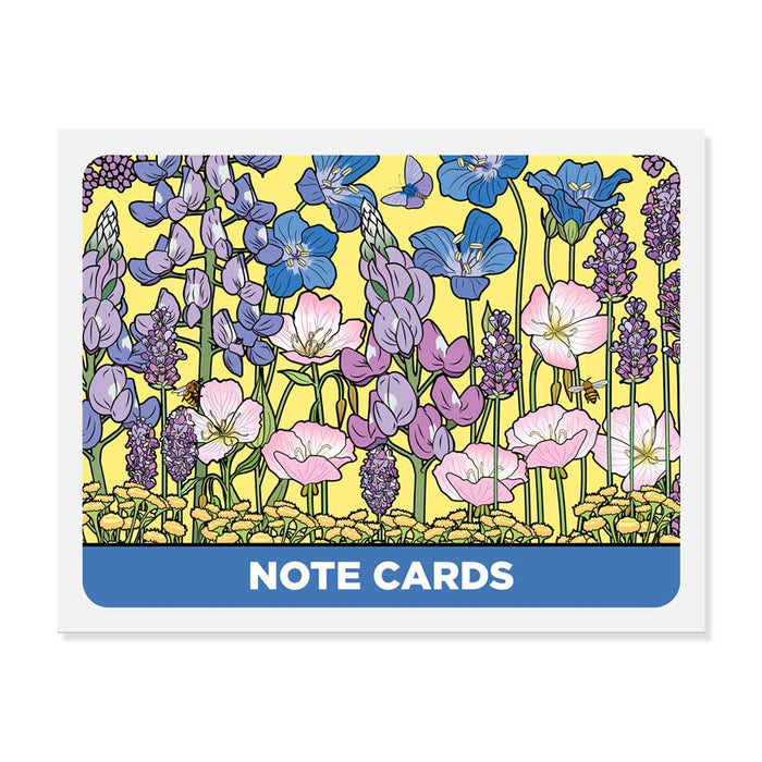 A rectangular Desert Botanical Garden Superbloom Notecard Set featuring a colorful illustration of wildflowers in purple, blue, pink, and yellow against a yellow background, with the words NOTE CARDS in white on a blue bar at the bottom.