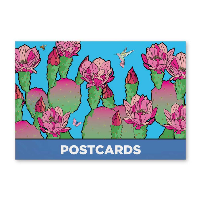 Desert Botanical Garden Superbloom Post Card Set featuring pink cactus flowers on green pads against a blue sky, with a hummingbird, bee, and butterfly, labeled with the word POSTCARDS at the bottom.