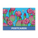 Desert Botanical Garden Superbloom Post Card Set featuring pink cactus flowers on green pads against a blue sky, with a hummingbird, bee, and butterfly, labeled with the word POSTCARDS at the bottom.