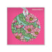 Desert Botanical Garden Superbloom Ornament, a round porcelain piece featuring a light blue illustration of pink cactus flowers and green cacti, hanging by a white ribbon against a bright pink background.