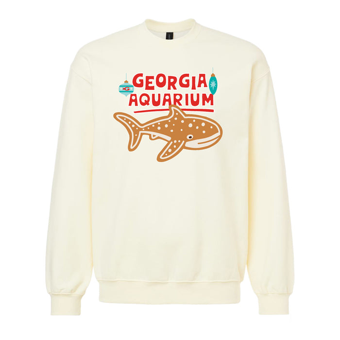 Cream-colored Georgia Aquarium Holiday Whale Shark Crew Sweatshirt featuring a gingerbread-style whale shark graphic accented by two Christmas ornaments.