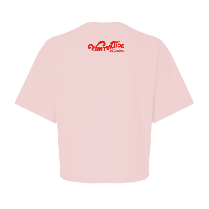 Georgia Aquarium Holiday Whale Shark Crop T-Shirt in light pink with red Wintertide text and a logo on the upper back.