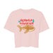 Georgia Aquarium Holiday Whale Shark Crop T-Shirt in light pink, featuring a gingerbread-style whale shark, two Christmas ornaments, and the text Georgia Aquarium.