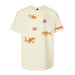 Off-white Georgia Aquarium Whale Winter Tide Youth T-Shirt with a repeating pattern of gingerbread whale sharks, holiday ornaments, and gifts, featuring the text Winter Tide on the sleeve.