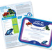 The Discovery Place Poison Dart Frog Adoption Kit includes two documents: a vibrant, symbolic adoption certificate featuring colorful blue and green poison dart frogs, and an educational sheet packed with facts, photos, and rainforest conservation information about these fascinating amphibians.
