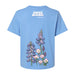 Light blue Desert Botanical Garden Superbloom Women’s Cropped T-Shirt featuring a back print of purple lupine and pink wildflowers with the garden’s name printed above.