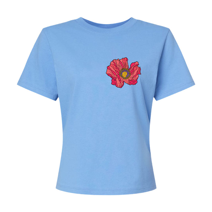 Light blue short-sleeved Desert Botanical Garden Superbloom Women’s Cropped T-Shirt featuring a red poppy flower illustration on the left chest.