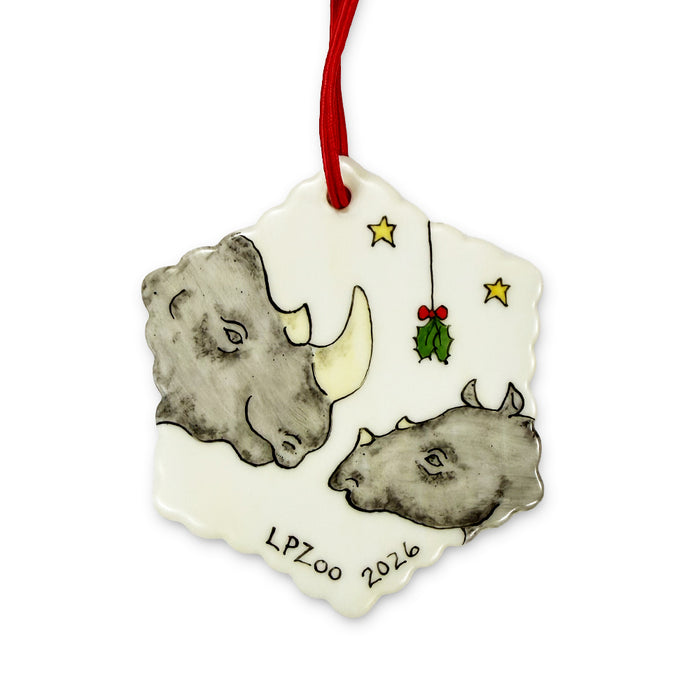 Lincoln Park Zoo Rhino 2026 Ornament: This delightful ceramic ornament showcases two rhinos encircled by yellow stars and mistletoe, with “LPZoo 2026” displayed underneath to celebrate Lincoln Park Zoo. A red ribbon is affixed at the top for convenient hanging, making it an ideal wildlife collectible for your holiday décor.