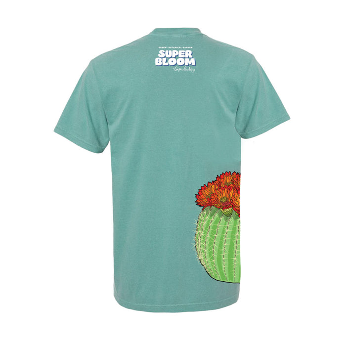 Back view of a sage green Desert Botanical Garden Superbloom T-shirt featuring a blooming cactus illustration at the bottom right and SUPER BLOOM text at the top center.