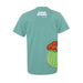 Back view of a sage green Desert Botanical Garden Superbloom T-shirt featuring a blooming cactus illustration at the bottom right and SUPER BLOOM text at the top center.