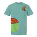 A sage green Desert Botanical Garden Superbloom T-Shirt featuring a barrel cactus with orange flowers on the lower left and a colorful butterfly near the right shoulder.