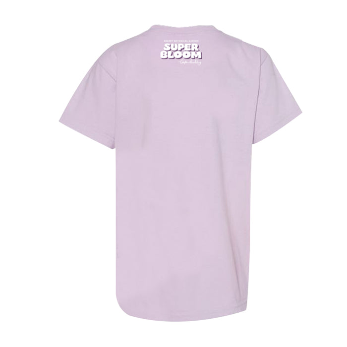Back view of a light purple Desert Botanical Garden Superbloom Youth T-Shirt with SUPER BLOOM printed in white bubble letters near the neckline.