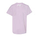 Back view of a light purple Desert Botanical Garden Superbloom Youth T-Shirt with SUPER BLOOM printed in white bubble letters near the neckline.