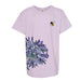 Light purple Desert Botanical Garden Superbloom Youth T-Shirt with a cluster of purple agapanthus flowers at the hem and a small bumblebee embroidered on the upper chest.