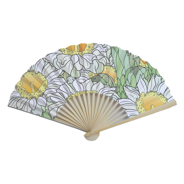 Desert Botanical Garden Superbloom Fan featuring an illustrated pattern of white flowers with yellow centers and green leaves, mounted on a light-colored wooden frame with a Graphic Rewilding aesthetic.