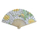 Desert Botanical Garden Superbloom Fan featuring an illustrated pattern of white flowers with yellow centers and green leaves, mounted on a light-colored wooden frame with a Graphic Rewilding aesthetic.